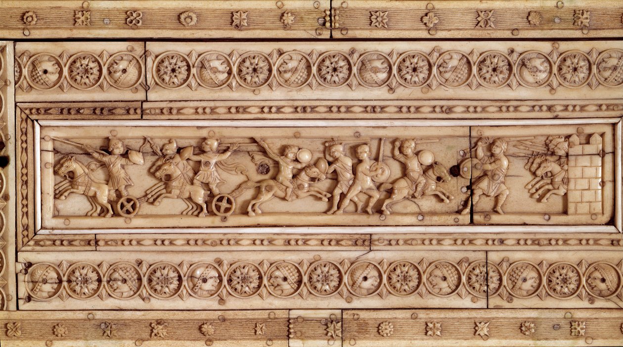 Art of the Byzantine Empire: Combat Scene. Elfenbens avlastningsstrømper. Øvre del av en boks (10. århundre). Musee Cluny, Paris. av Byzantine