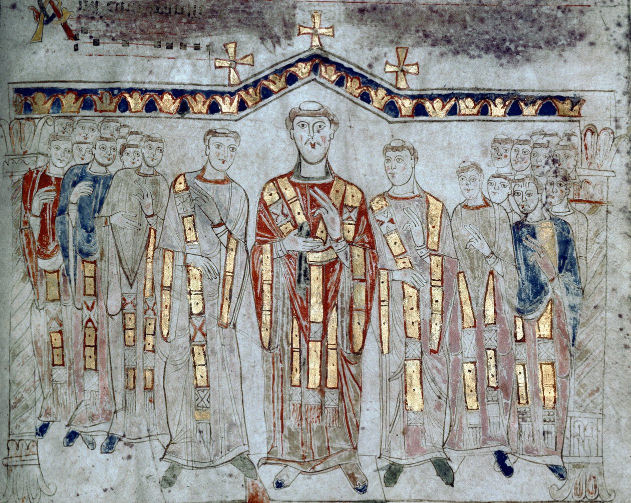 Bysantinsk kunst: "" Forsamling av kapittelet til Cathedrale of Gaete (Gaeta) sammensatt av eveques og diakoner""" Miniatyr hentet fra "Exultet"" fra begynnelsen av det 11. århundre Museo Diocesano, GaETA av Byzantine