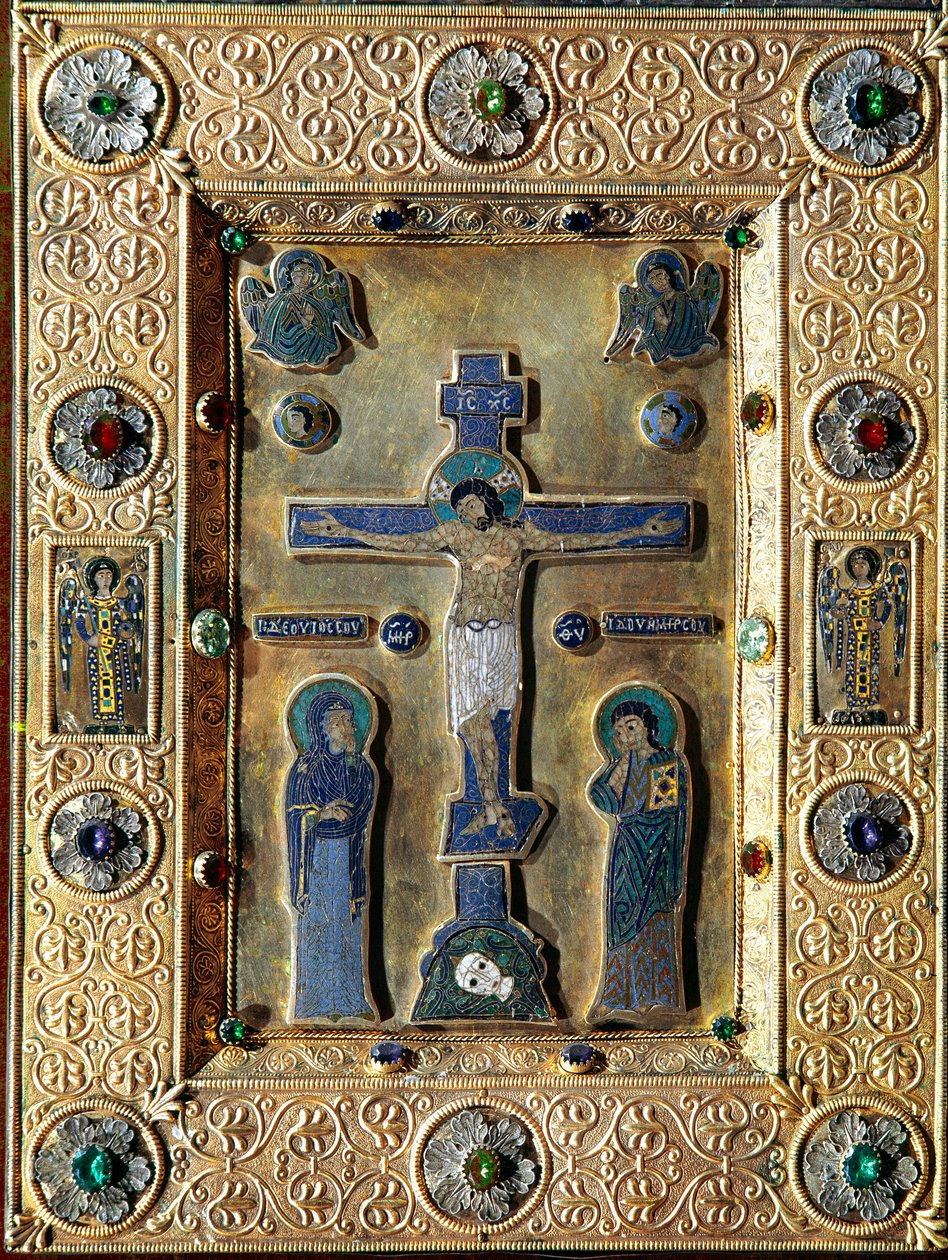 Bysantinsk kunst: Evangelisk av gull og emalje dekorert med gullblader avviser med filigrankrusifiks som representerer Jomfruen og Saint John. Venezia tesoro fra San Marco fra 1100- og 1200-tallet (tresor av Saint Mark) av Byzantine
