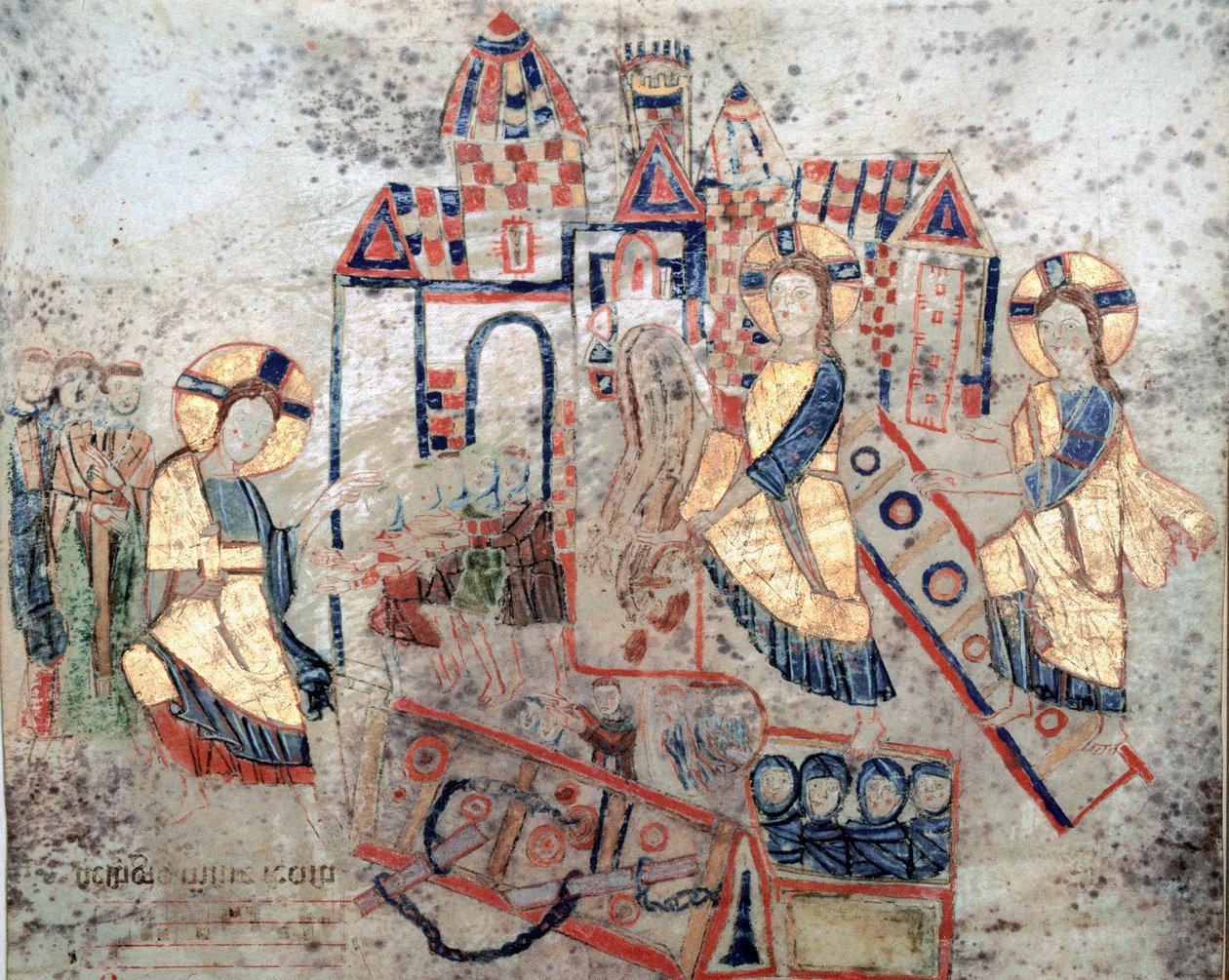 Bysantinsk kunst: "" Representasjon av Frelseren Kristus som hogger ned portene til underverdenen, knuser Satan og frigjør sjeler""" Miniatyr fra "Exultet"" fra begynnelsen av det 11. århundre Museo Diocesano, Gaeta av Byzantine