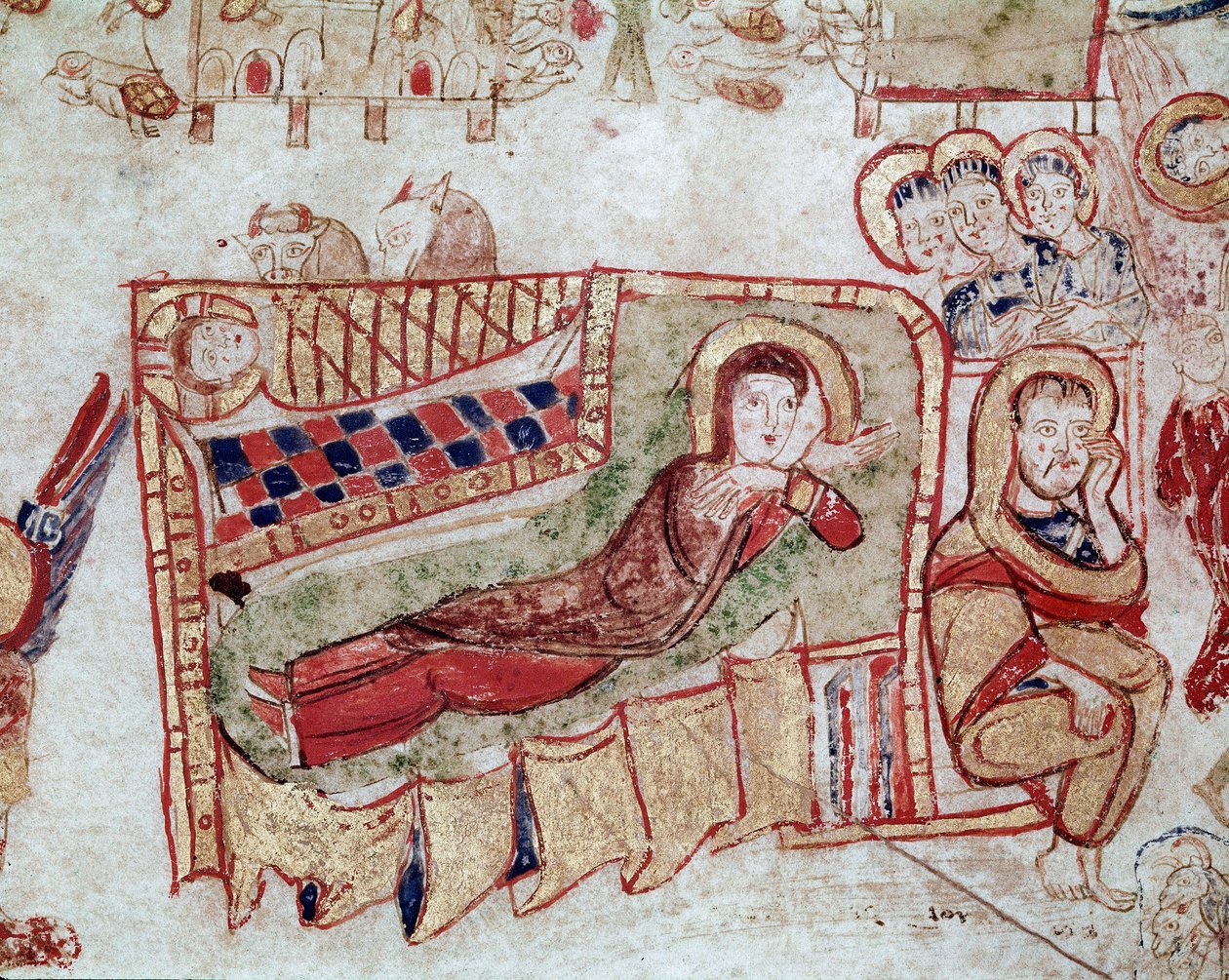 Bysantinsk kunst: "" Fødselen og bebudelsen til hyrdene"" Miniatyr hentet fra "" Exultet"" fra begynnelsen av det 11. århundre Museo Diocesano, Gaeta av Byzantine