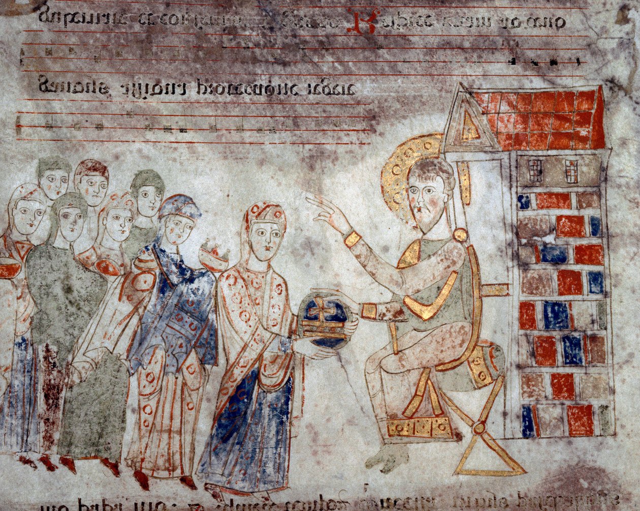 Bysantinsk kunst: "" Representantene for de forskjellige imperiene hyller Kristus med offer""" Miniatyr fra "Exultet"" fra begynnelsen av det 11. århundre Museo Diocesano, Gaeta av Byzantine