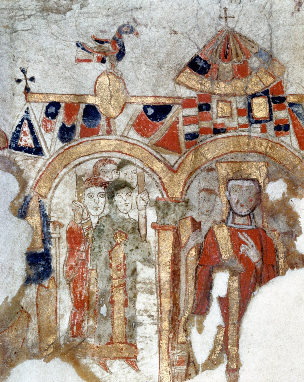 Bysantinsk kunst: "" Diakon og fideles under en prosesjon til kirken""" Miniatyr hentet fra "" Exultet"" fra begynnelsen av det 11. århundre Museo Diocesano, Gaeta av Byzantine