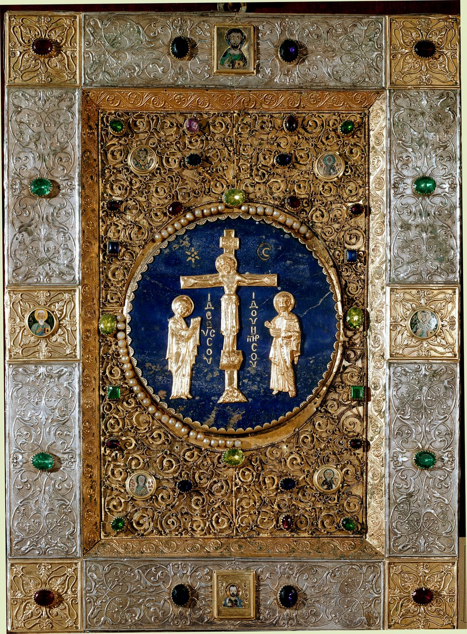 Bysantinsk kunst: omslag av en evangelisk dekorert med gullblader avviser med filigrankrusifiks som representerer Jomfruen og Saint John. 1200-tallet. Venezia tesoro de San Marco (skattmester i Saint Mark) av Byzantine