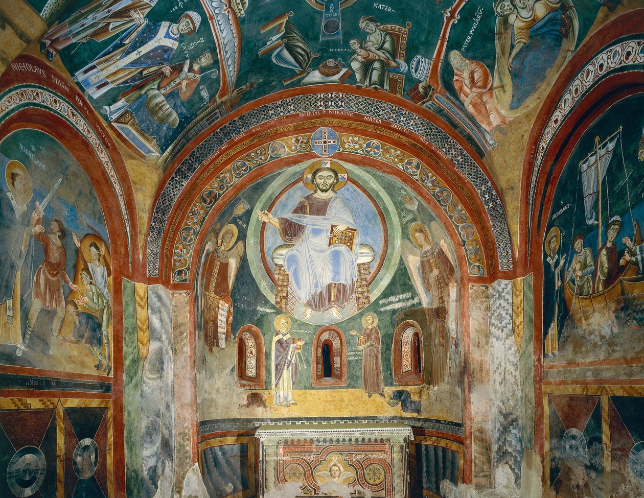 Kapell av Saint Eldrad og Saint Nicholas med romanske fresker i bysantinsk stil, slutten av 1000-tallet, Novalesa Abbey, Piemonte, Italia av Byzantine
