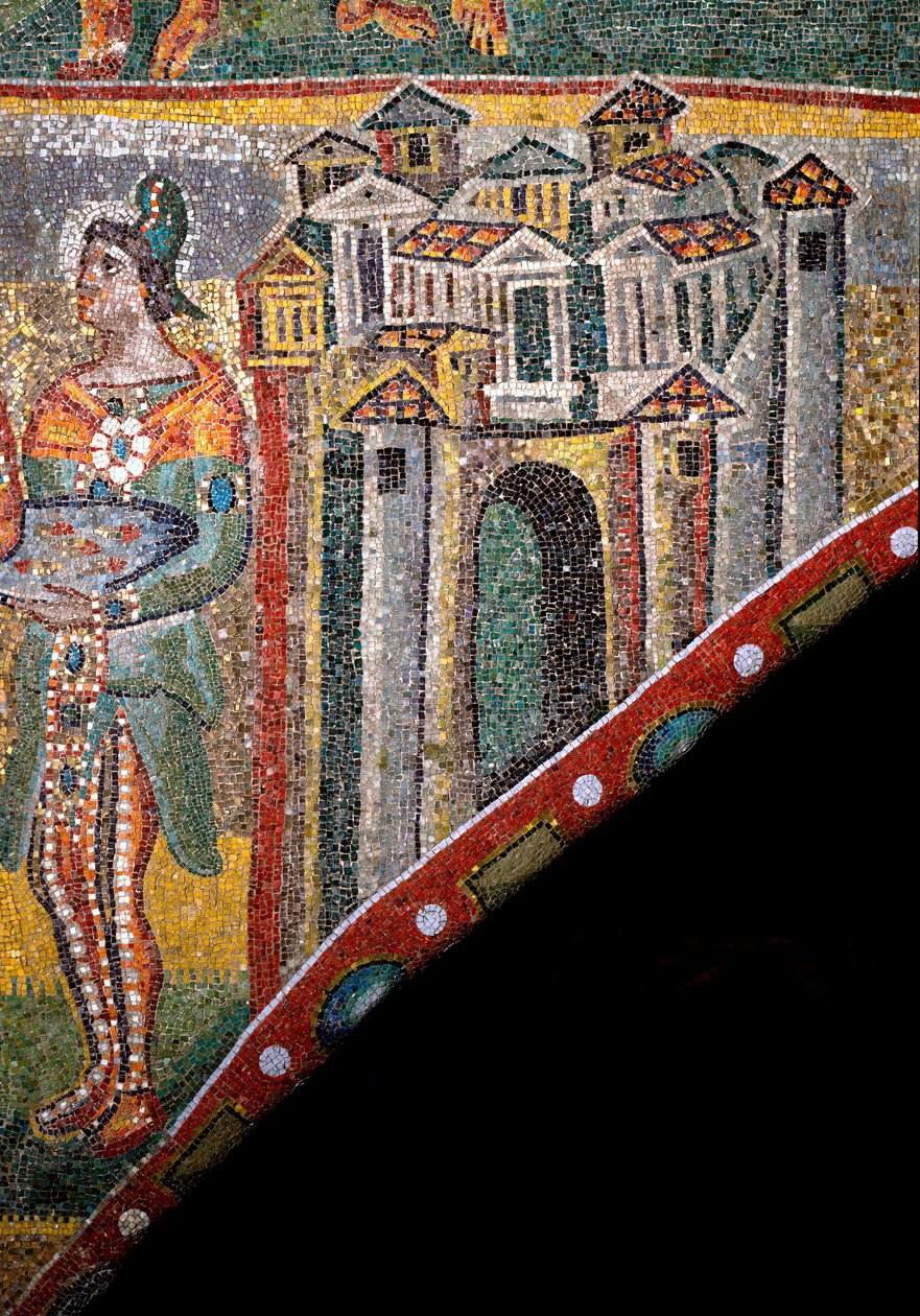 Kristen kunst: "Tilbedelse av magiene"". Detalj av landskapet. Mosaikk fra det 5. århundre. Triumfbuen, basilikaen Santa Maria Maggiore (Holy Mary Major), Roma. av Byzantine
