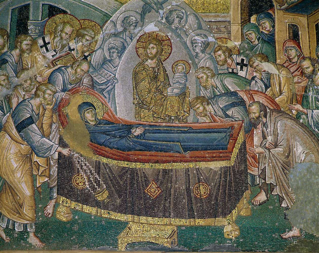 Dormition (Marys død), freskomaleri i Kariye Camii (st Sauveur i Chora-kirken, Istanbul, Tyrkia (freskomaleri) av Byzantine