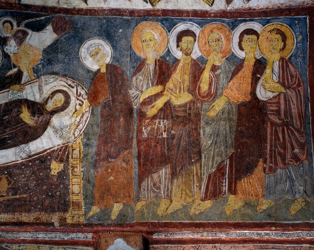Jomfruens sove blant apostler, detalj, bysantinsk freskomaleri (1200-tallet), Gulsehir Karsi Kilise (Church of St John), Goreme (Unescos verdensarvliste) av Byzantine