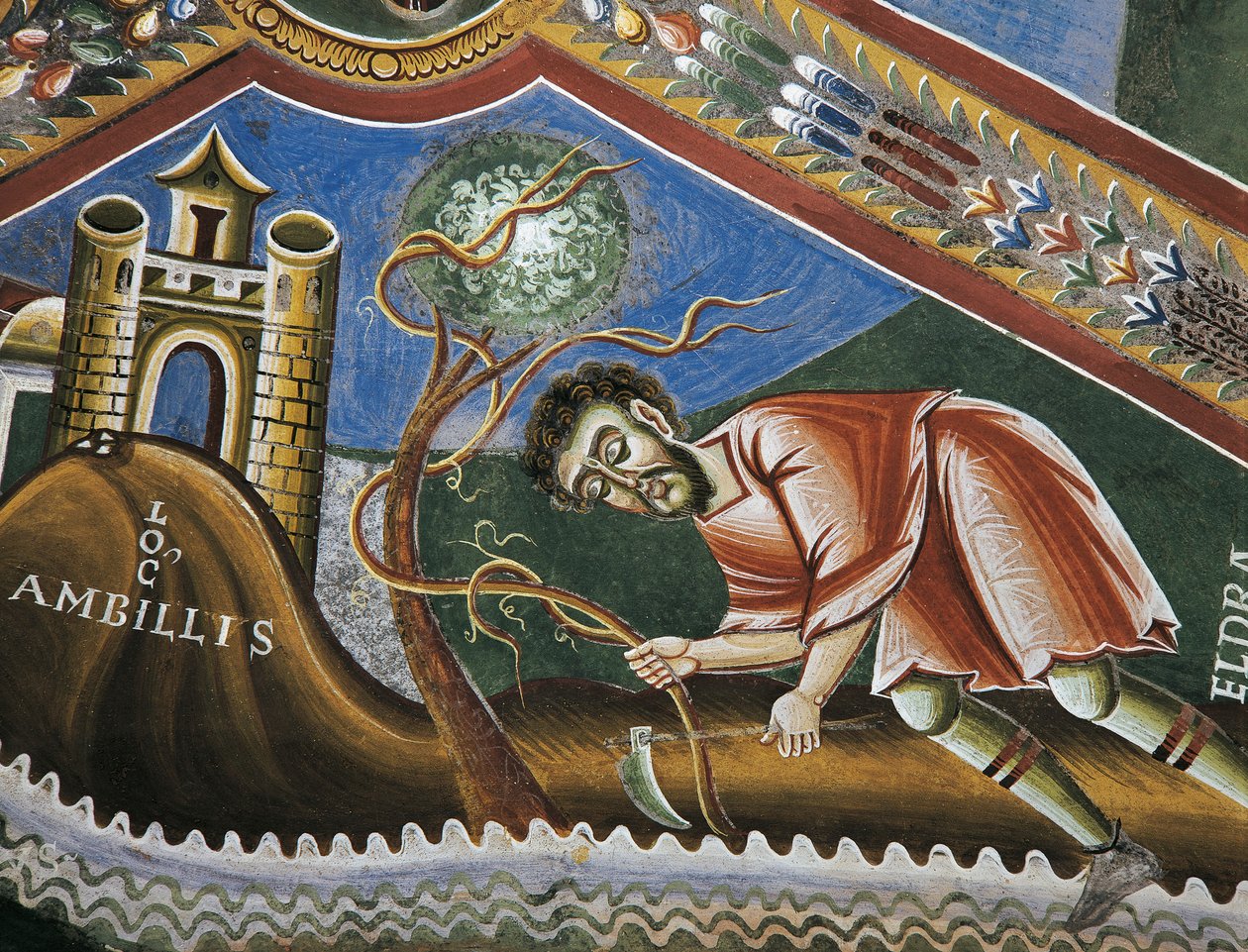 Eldrad-jordbruk i Ambilly, Provence, Detalj fra Historier om livet til Saint Eldrad, romanske fresker i bysantinsk stil, sent på 1000-tallet, kapellet Saint Eldrad og Saint Nicholas, Novalesa Abbey, Piemonte, Italia. av Byzantine