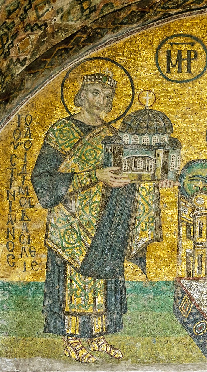 Keiser Justinian presenterer Hagia Sophia til jomfruen og barnet (mosaikk) av Byzantine
