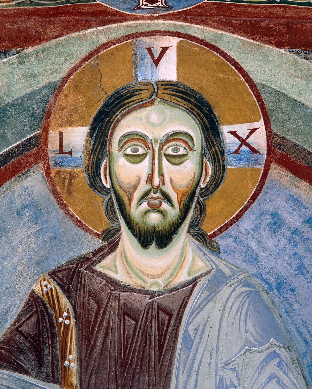 Face of Christ Pantocrator, Detalj av romanske fresker i bysantinsk stil, slutten av 1000-tallet, kapellet Saint Eldrad og Saint Nicholas, Novalesa Abbey, Piemonte, Italia av Byzantine