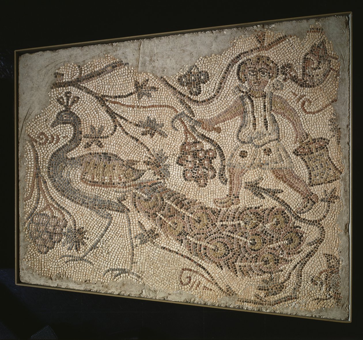 Gulvmosaikkpanel: Druehøster med påfugl, 400-tallet av Byzantine