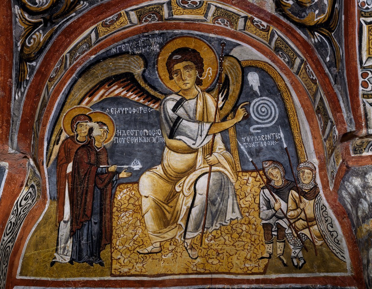 Hellige kvinner ved graven og engelens utseende, bysantinsk freskomaleri (1100-tallet), Karanlik Kilise (Dark Church) (1100-1200-tallet), Goreme (Unescos verdensarvliste) av Byzantine