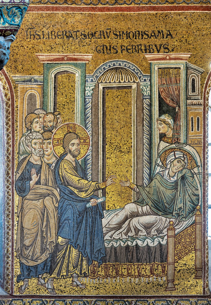 Jesus helbreder Simons svigermor fra feber, bysantinsk mosaikk, episoder fra Kristi liv, XII-XIII århundrer (mosaikk) av Byzantine