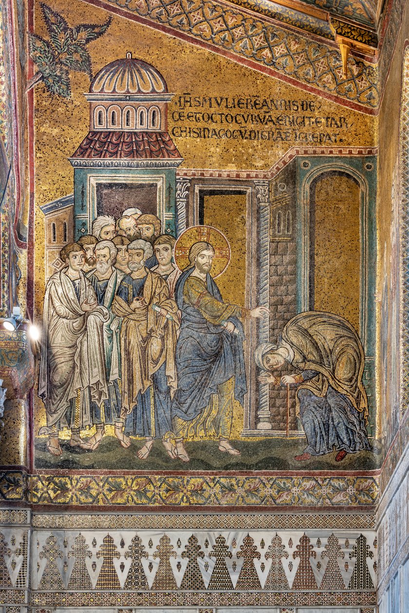 Jesus helbreder den pukkelryggede kvinnen fra pukkelen hennes, bysantinsk mosaikk, episoder fra Kristi liv, XII-XIII århundrer (mosaikk) av Byzantine
