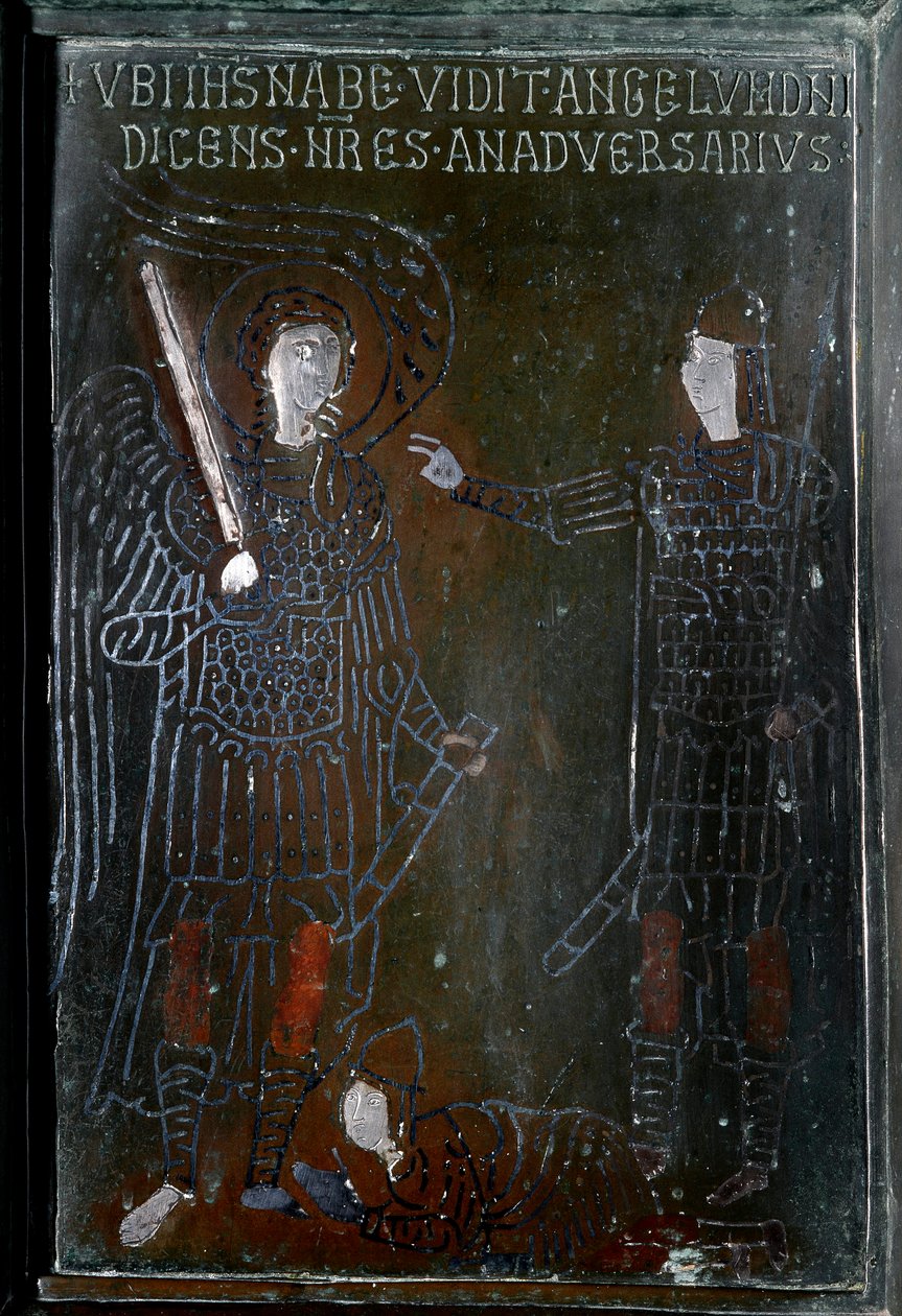 Josue møter en engel av bronsedørfliser laget i Konstantinopel i 1076. Monte Sant 