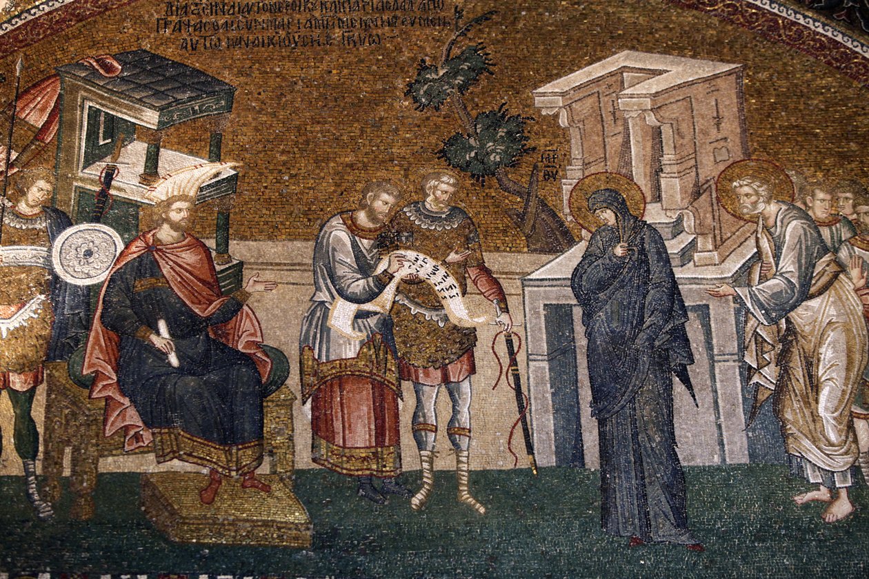 Maria og Josef før Cyremius meldte seg inn for skatten, med en vakt, en skriver og en offiser, ca. 1300-tallet (mosaikk) av Byzantine