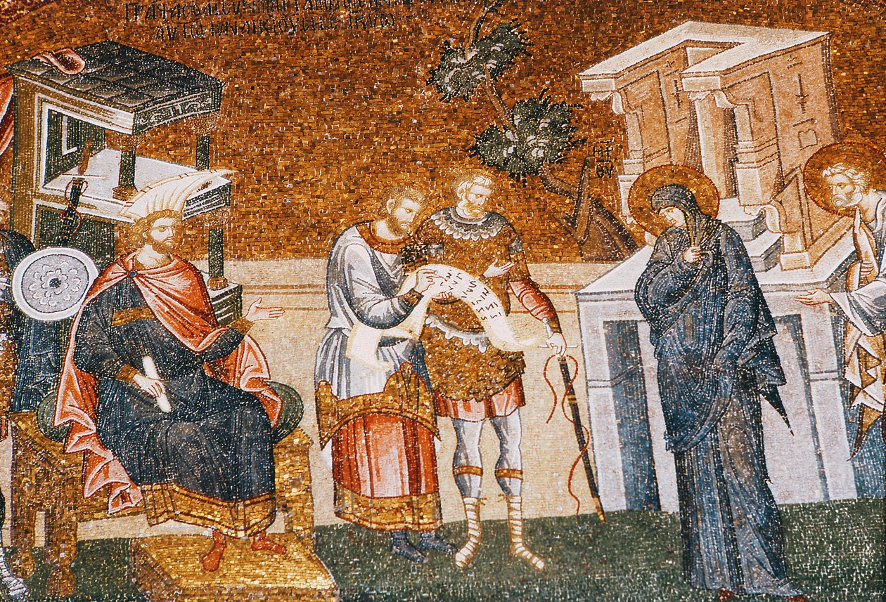 Maria og Josef før Cyremius meldte seg inn for skatten, med en vakt, en skriver og en offiser, ca. 1300-tallet (mosaikk) (detalj fra 119636) av Byzantine