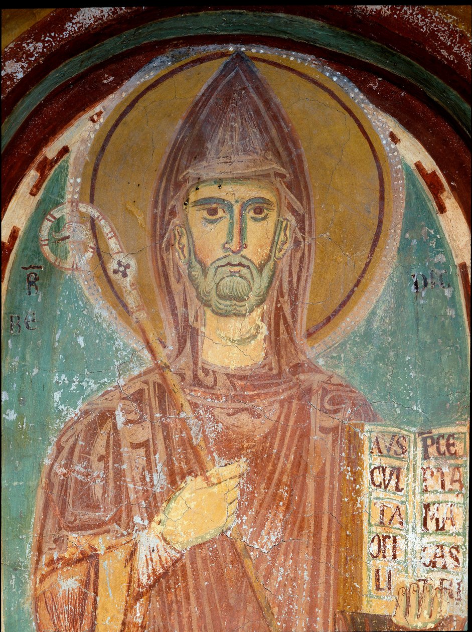 Representasjon av Saint Benedict of Nursie (6. århundre) Detalj av en freskomaleri av den bysantinske skolen. Begynnelsen av 1200-tallet. Klosteret Saint Benoit (Sacro Speco), kapellet Saint Gregoire a Subiaco (Roma), Italia av Byzantine