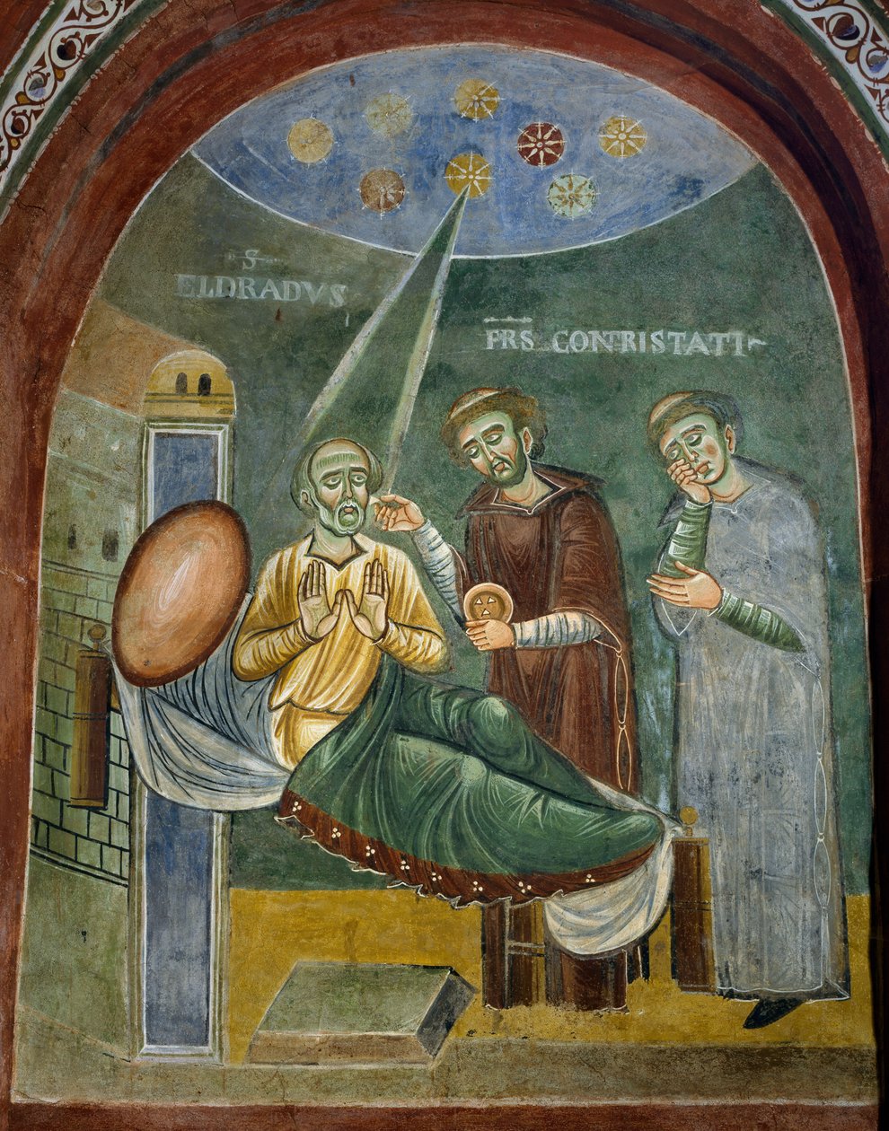 Saint Eldrad døende mottar eukaristien, detalj fra historiene om Saint Eldrad, romansk freskomaleri, bysantinsk stil, sent på 1000-tallet, kapellet Saint Eldrad og Saint Nicholas, Novalesa Abbey, Piemonte, Italia. av Byzantine