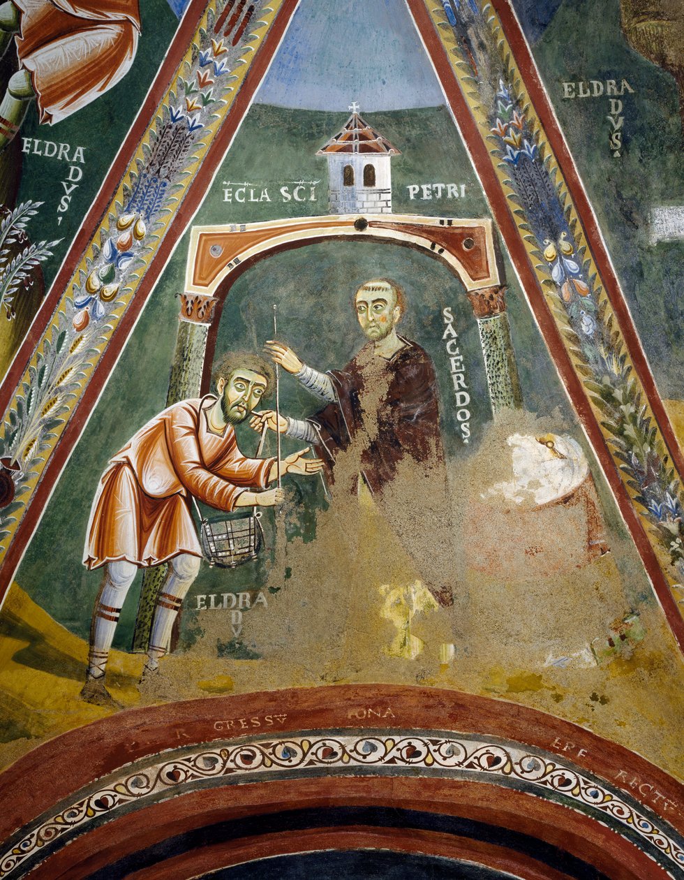 Saint Eldrad drar til Santiago de Compostela, Detalj fra Stories of Saint Eldrad, romansk freskomaleri, bysantinsk stil, sent på 1000-tallet, kapellet Saint Eldrad og Saint Nicholas, Novalesa Abbey, Piemonte, Italia av Byzantine