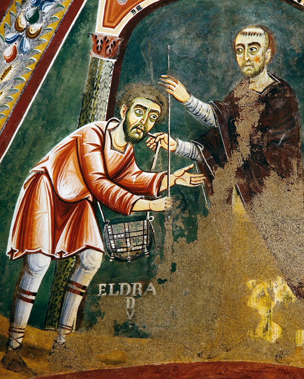 Saint Eldrad drar til Santiago de Compostela, detalj fra historiene om livet til Saint Eldrad, romansk freskomaleri, bysantinsk stil, sent på 1000-tallet, kapellet Saint Eldrad og Saint Nicholas, Novalesa Abbey, Piemonte, Italia. av Byzantine