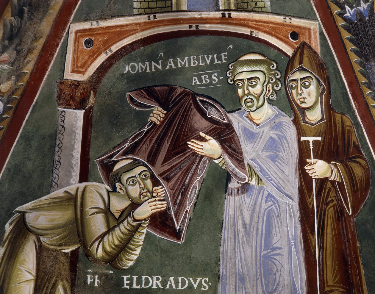 Saint Eldrad kommer tilbake fra Santiago de Compostela og mottar religiøs vane fra abbed av Novalesa, Stories of life of Saint Eldrad, romansk freskomaleri, bysantinsk stil, Chapel of Saint Eldrad og Saint Nicholas, Novalesa Abbey, Piemonte, Italia. av Byzantine