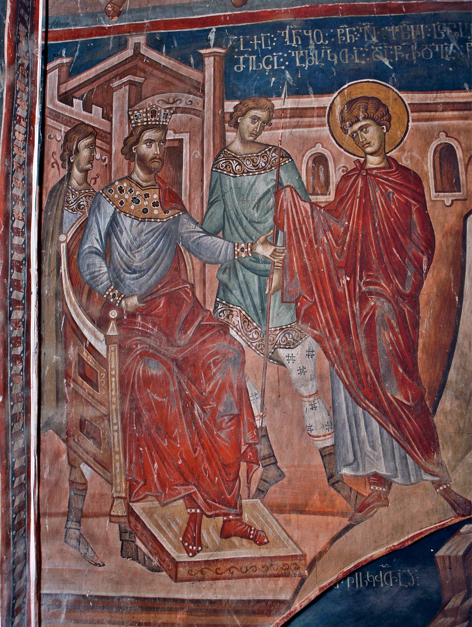 Saint George før keiser Diokletian (244-311) - Saint George før keiser Diokletian - Maleri av Damiane (aktivt 1300-tall) - 1300-tallet - Fresco - Saint George