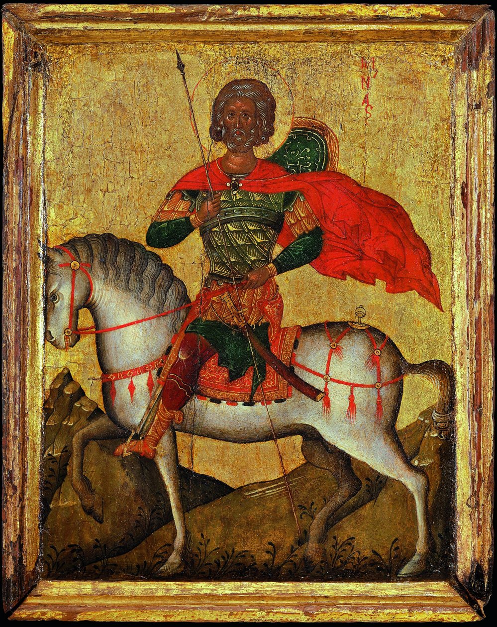Saint Menas (Minas, Mina, Mena, Mennas, 285-309) på hesteryggen - bysantinsk ikon. Tempera på panel, midten av 1400-tallet. Dimensjon : 27,3x22 cm Ikonen Museum Recklinghausen av Byzantine