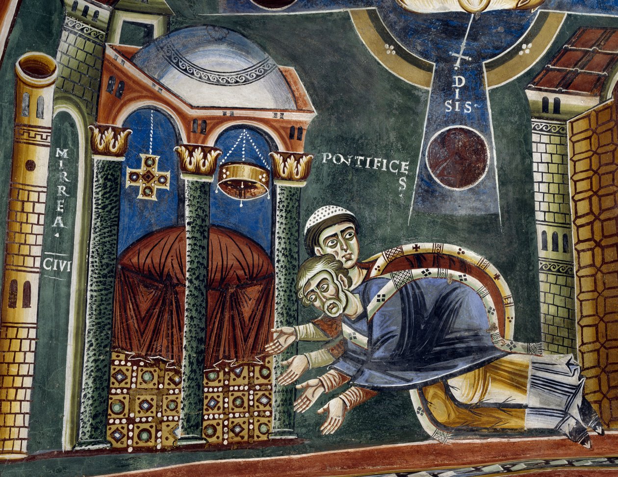 Saint Nicholas innviet biskop av Myra, Detalj fra historiene om Saint Nicholas, romansk freskomaleri, bysantinsk stil, sent på 1000-tallet, kapellet Saint Eldrad og Saint Nicholas, Novalesa Abbey, Piemonte, Italia. av Byzantine