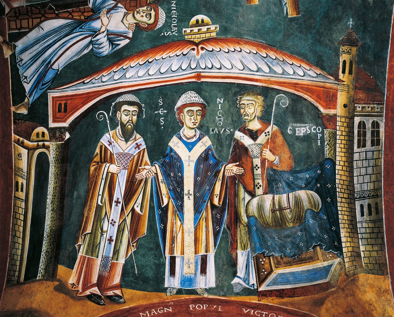 Saint Nicholas innviet biskop av Myra, Detalj fra historiene om Saint Nicholas, romansk freskomaleri, bysantinsk stil, sent på 1000-tallet, kapellet Saint Eldrad og Saint Nicholas, Novalesa Abbey, Piemonte, Italia. av Byzantine