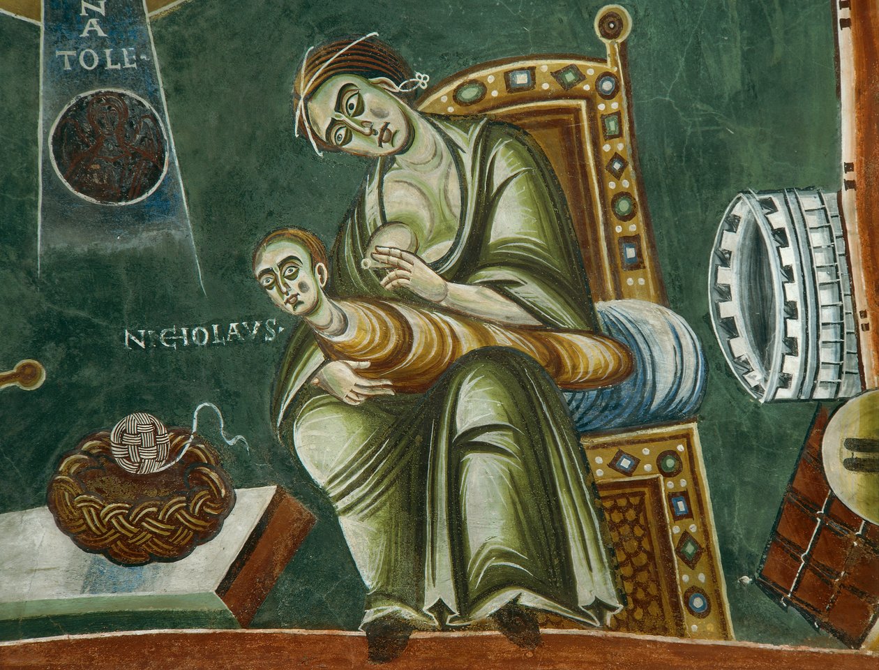 Saint Nicholas nekter sin mors melk, Fra historier om Saint Nicholas' liv, detalj av romanske fresker i bysantinsk stil, sent på 1000-tallet, kapellet Saint Eldrad og Saint Nicholas, Novalesa Abbey, Piemonte, Italia. av Byzantine
