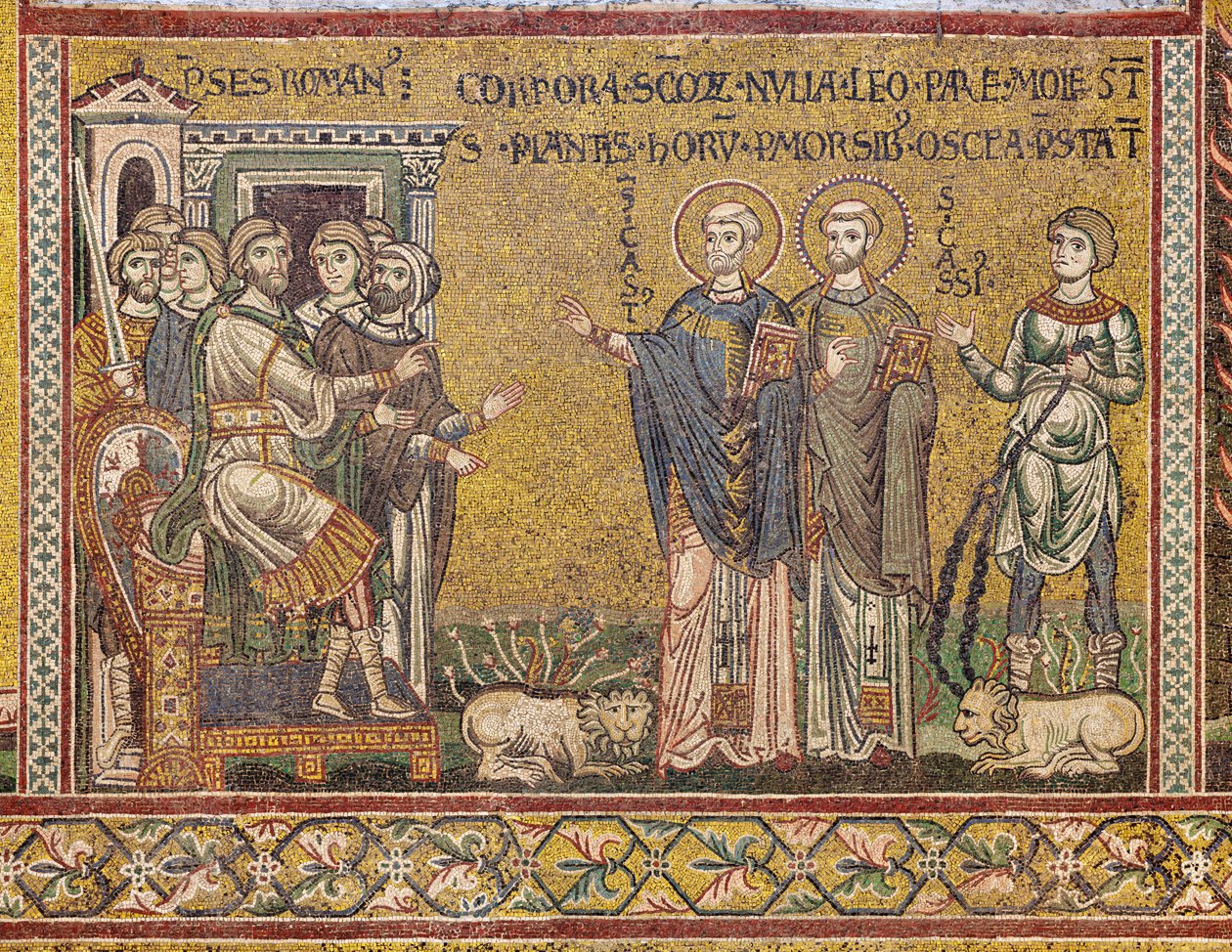 St Cassius og St. Casto før keiseren, bysantinsk mosaikk, XII-XIII århundre, på motfasaden (mosaikk) av Byzantine