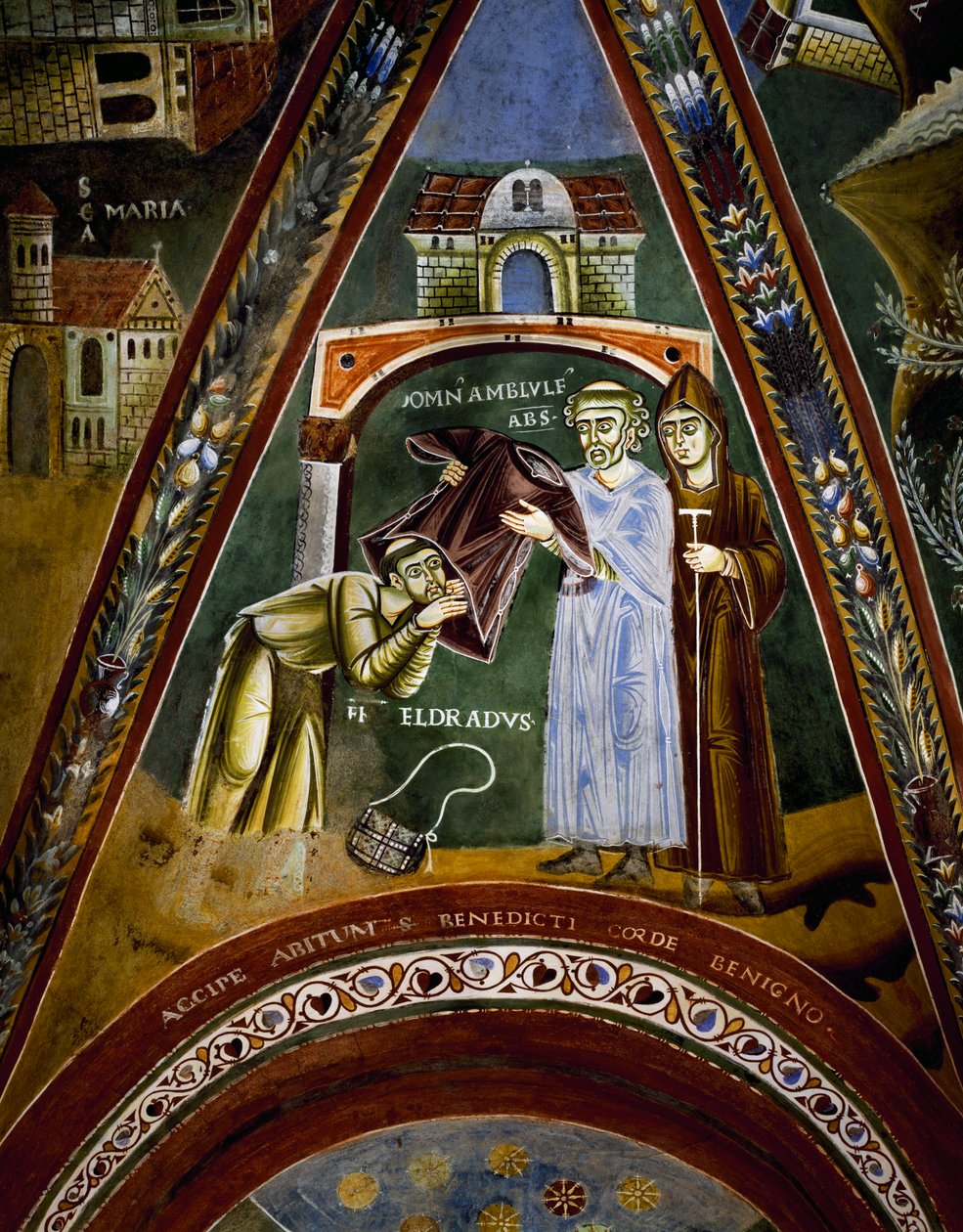 St Nicola, historier om livet til St. Eldrad og St. Nicholas, St. Eldrado vendte seg mot St. Jakob av Compostela: mottar en klostervane fra abbed av Novalesa, detalj av Byzantine
