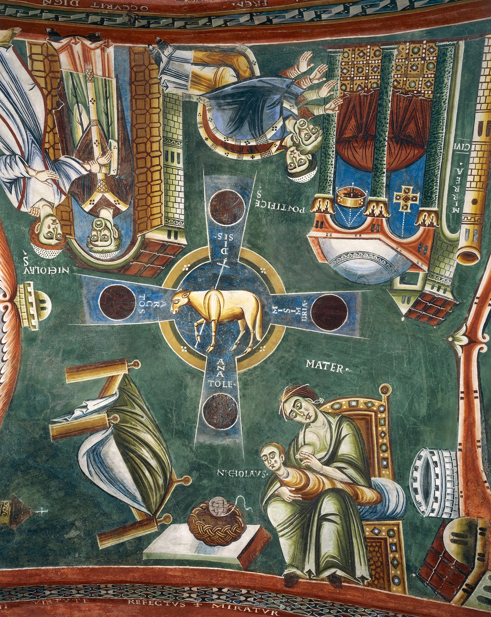 Historier fra livet til Saint Nicholas, Detalj av romanske fresker i bysantinsk stil, slutten av 1000-tallet, kapellet Saint Eldrad og Saint Nicholas, Novalesa Abbey, Piemonte, Italia av Byzantine