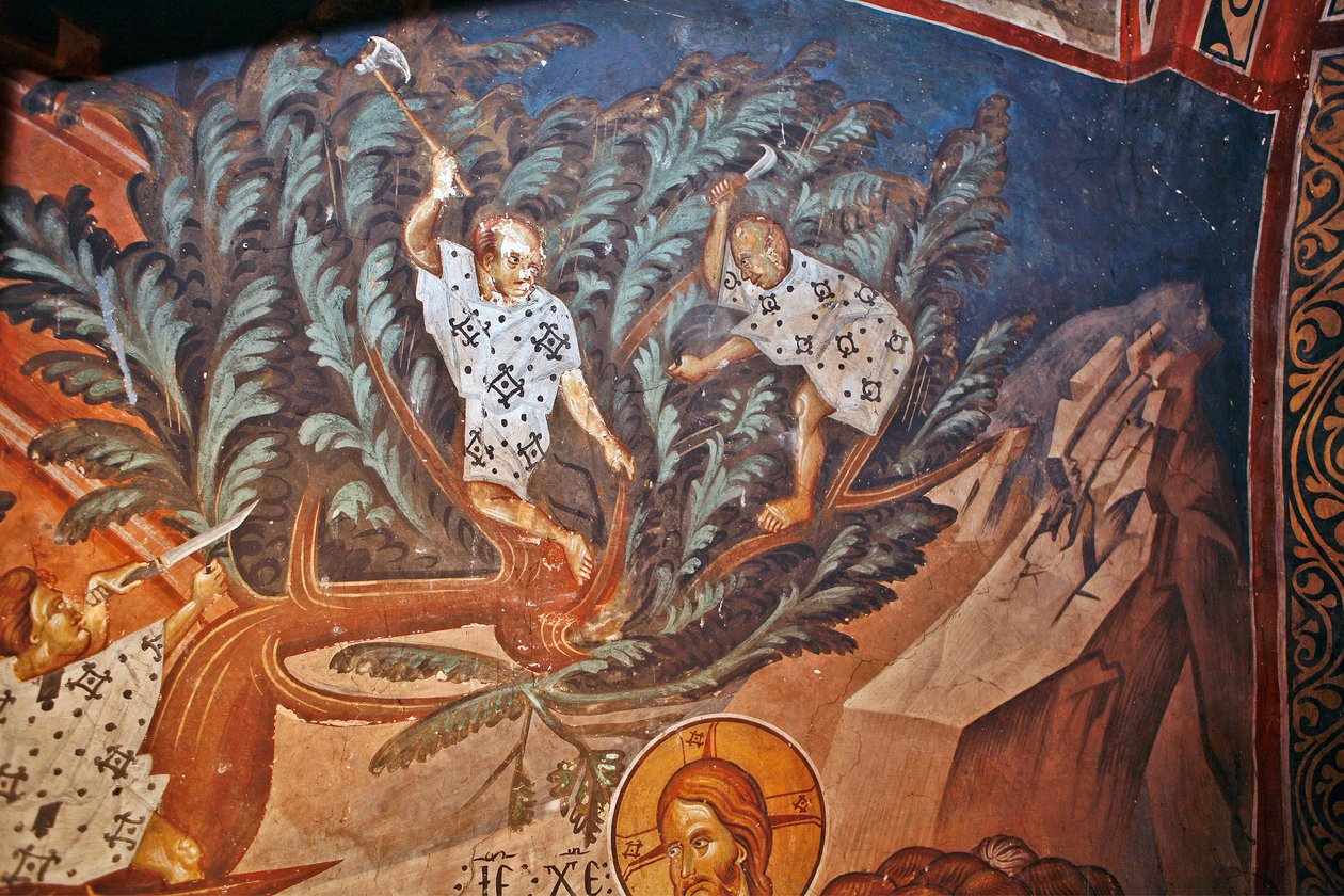 Kristi inntog i Jerusalem. Detalj: Barn som skjærer palmegrener - Peinture de Damiane (aktivt 1300-tall) - 1300-tallet - Fresco - Saint George