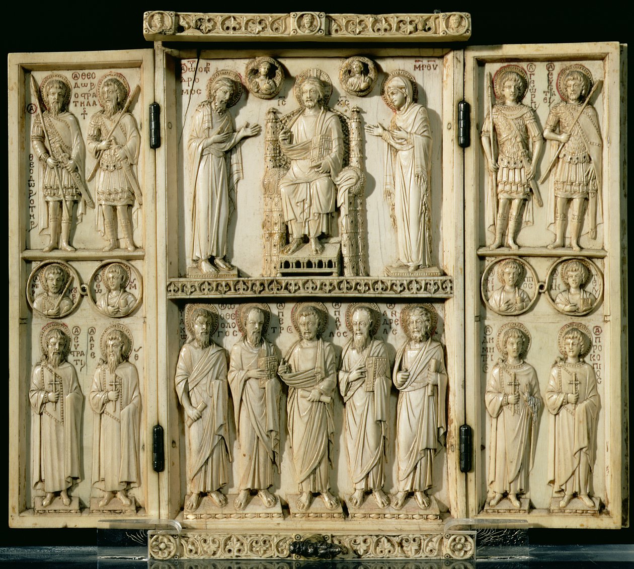 Harbaville-triptyken som viser Kristus tronet med jomfruen og døperen Johannes, andre paneler som viser helgener, fra Konstantinopel av Byzantine