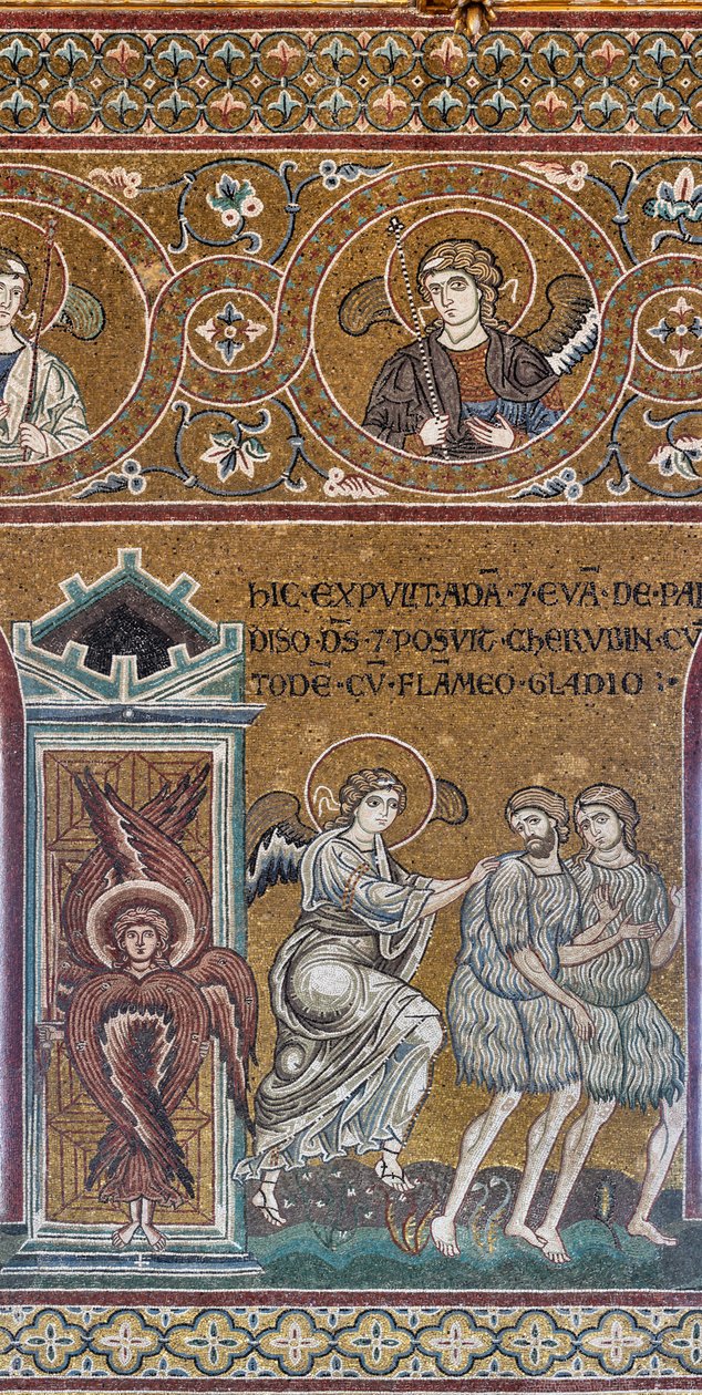 Utvisningen fra det jordiske paradis, bysantinsk mosaikk, Gamle testamentets syklus-jordiske paradis, XII-XIII århundre (mosaikk) av Byzantine
