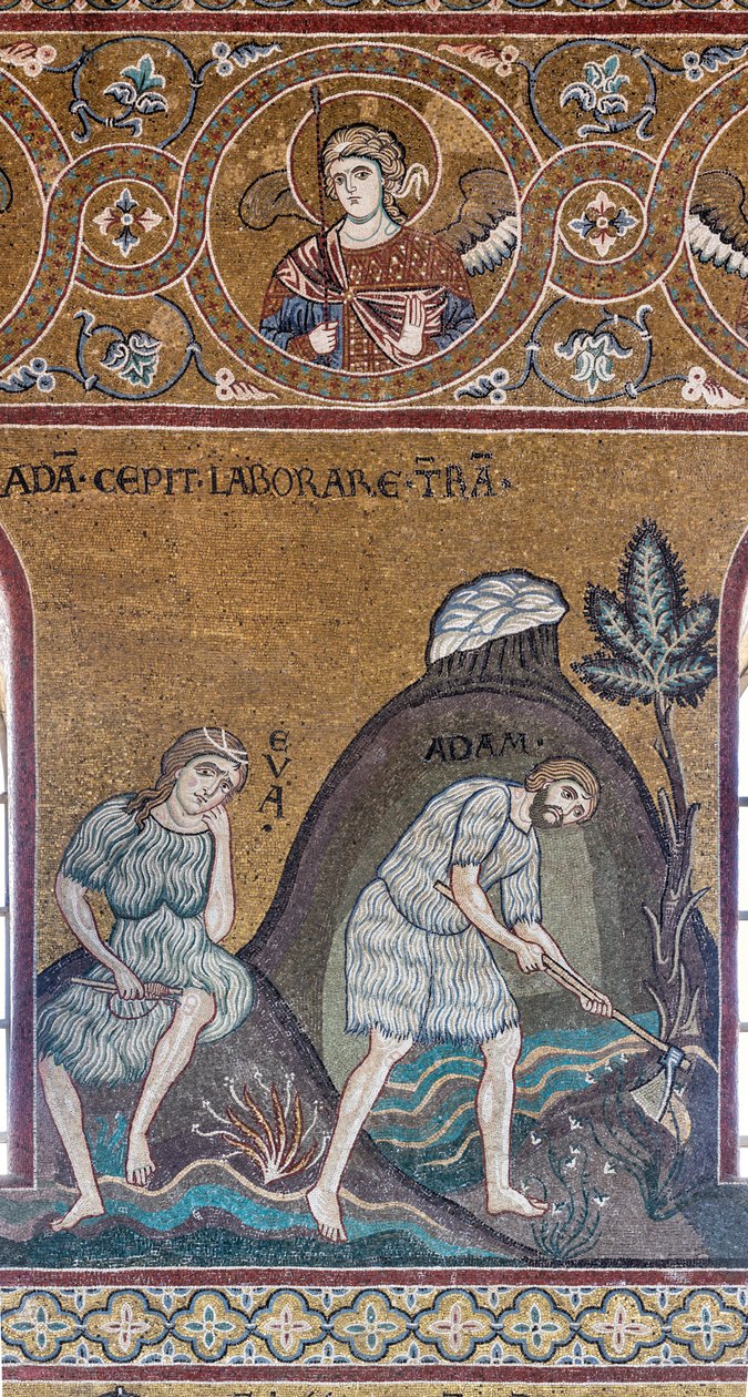Arbeidet og arbeidet til Adam og Eva, bysantinsk mosaikk, Det gamle testamentets syklus-jordisk paradis, XII-XIII århundre (mosaikk) av Byzantine