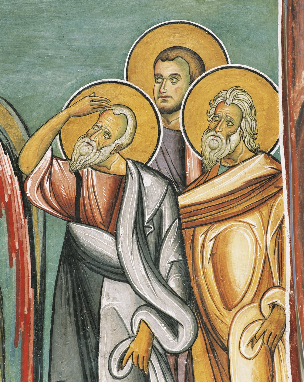 Tre personer i en kirke, Panagia tou Araka, bysantinsk, Troodos-fjellene, Kypros av Byzantine