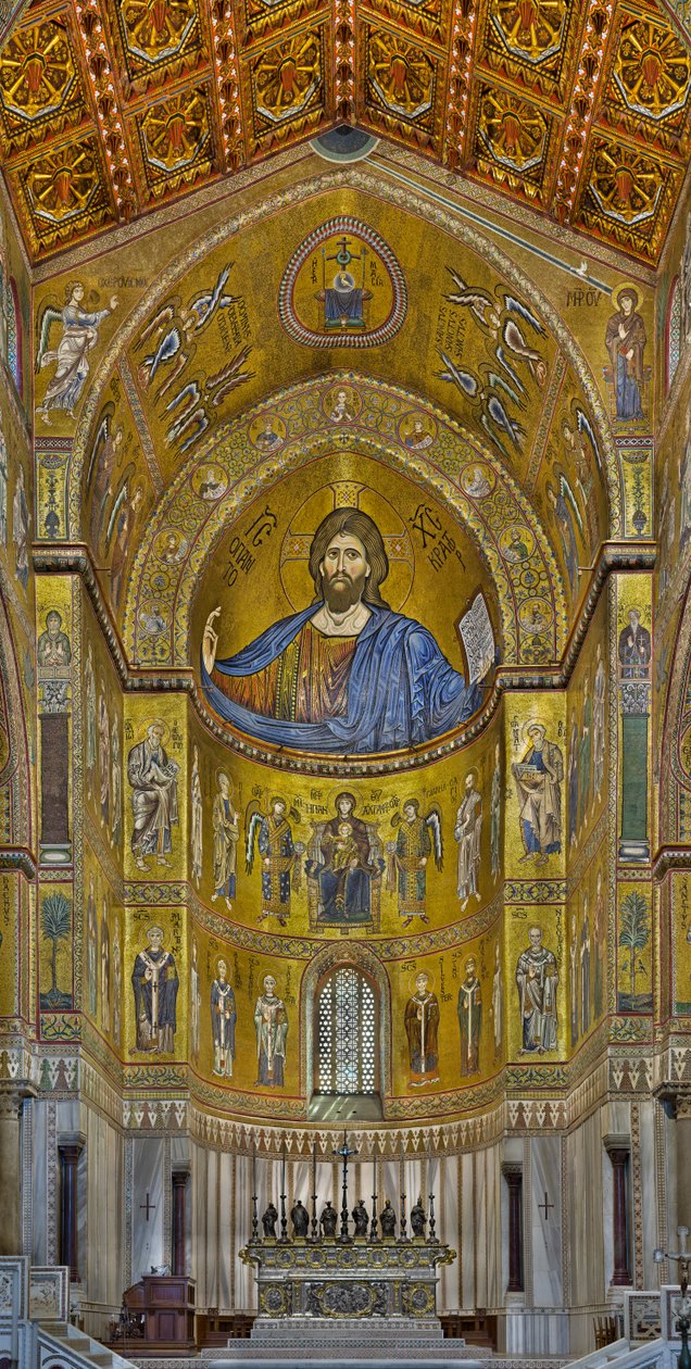 Utsikt over apsis med de bysantinske mosaikkene utført mellom det tolvte og midten av det trettende århundre av delvis lokale og delvis venetianske arbeidere, inkludert den berømte Christ Pantocrator (mosaikk) av Byzantine