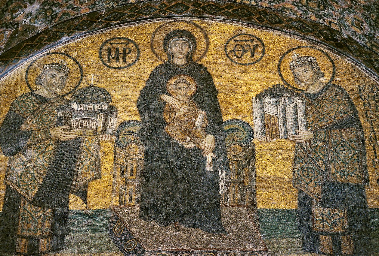 Jomfru og barn mellom keiserne Justinian og Konstantin ved Hagia Sophia (mosaikk) av Byzantine