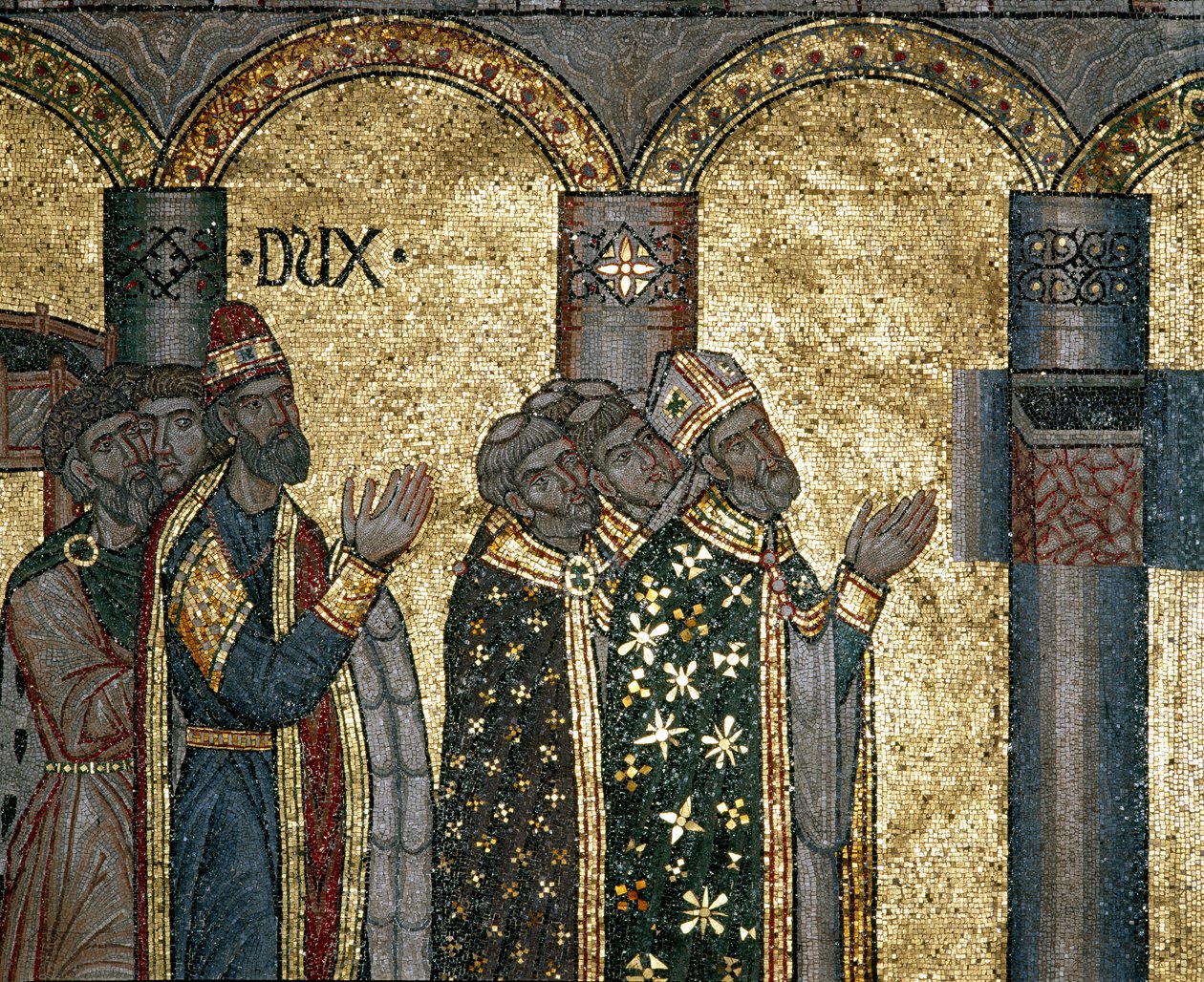 Bysantinsk arkitektur: oppdag urnen til Markus. Detalj av mosaikk på gullbakgrunn. Basilica di San Marco (Basilica di San Marco), Venezia av Byzantine Byzantine