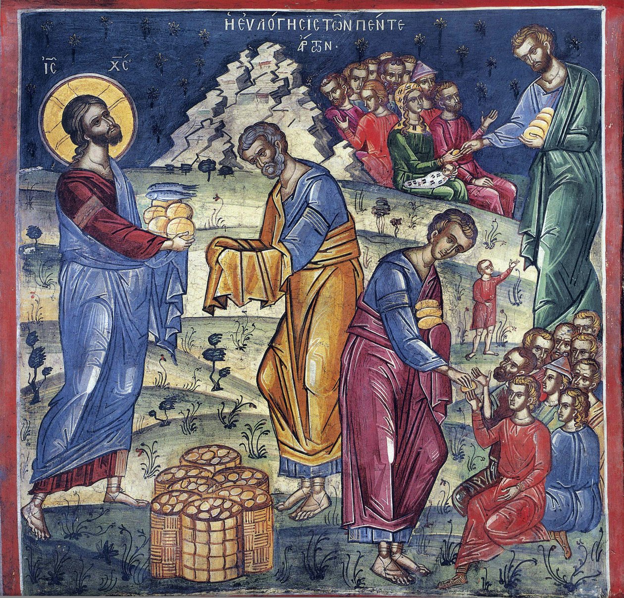 La multiplification des pains - Miraklet med de fem brødene og to fiskene - Bysantinsk mester - 1500-tallet - Fresco - Dionysiou kloster, Athos-fjellet av Byzantine Byzantine