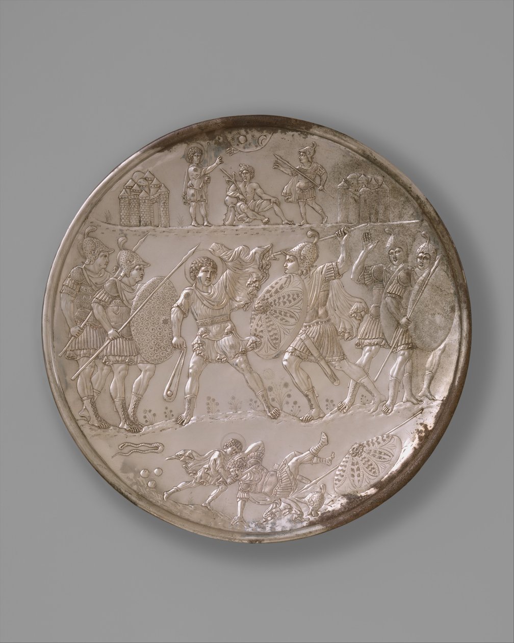Tallerken med slaget ved David og Goliat, 629-30 (sølv) av Byzantine Byzantine