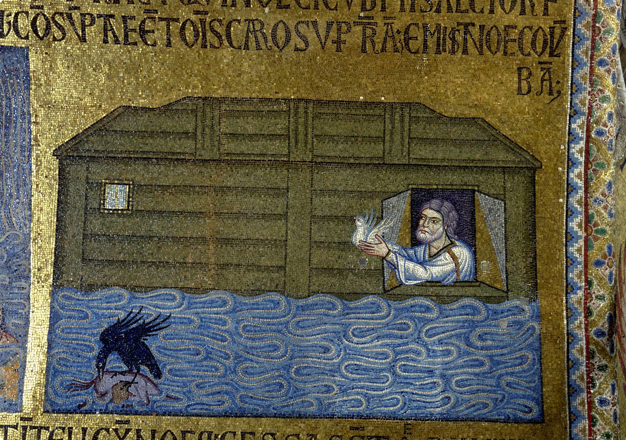 Historien om Noah: Noah sender ravnen og den første duen. Detalj av interiørmosaikker i St. Marks-basilikaen, 1000-tallet av Byzantine Byzantine