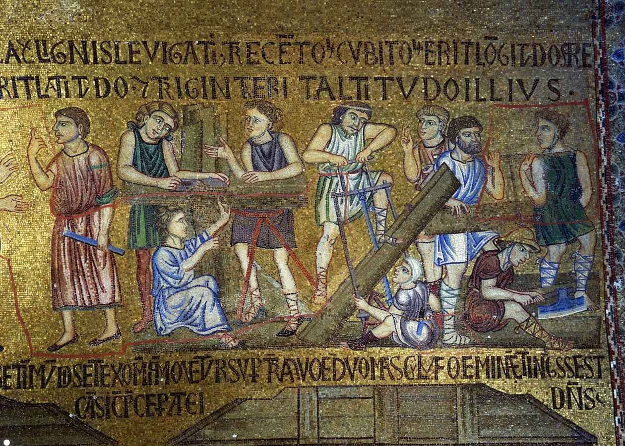 Story of Noah: Bygningen av arken Detalj av interiørmosaikker i St. Marks-basilikaen, 1000-tallet av Byzantine Byzantine