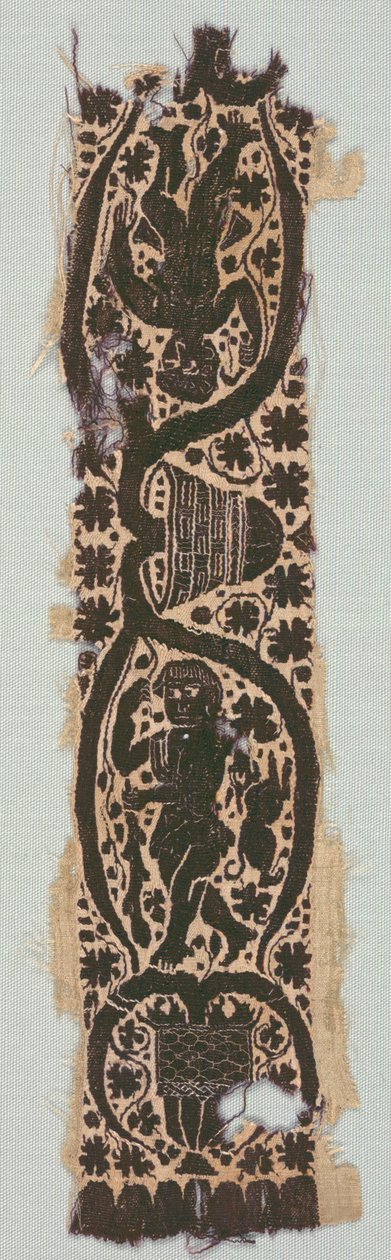 Sjelden silketunikafragment med dekorativt ermebånd, 400-500-tallet (renvev, silke, billedvev med ekstra veftinnpakning, ufarget lin, farget ull, silke) av Byzantine Period Egyptian