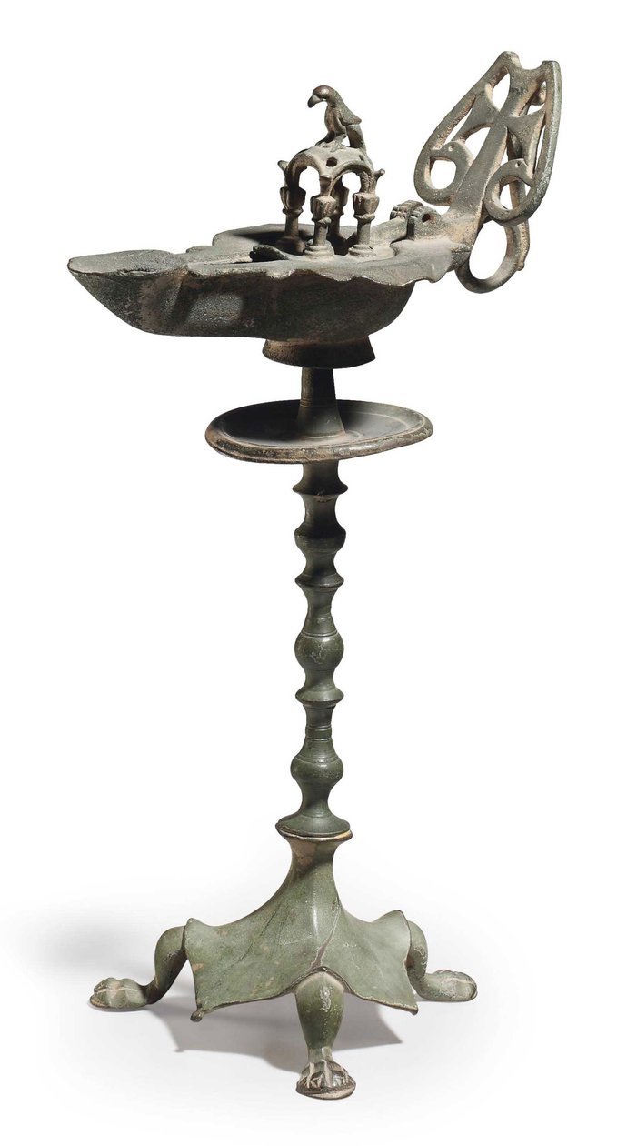 En bysantinsk oljelampe og stativ av bronse, ca. 500-600-tallet e.Kr. (bronse) av Byzantine School