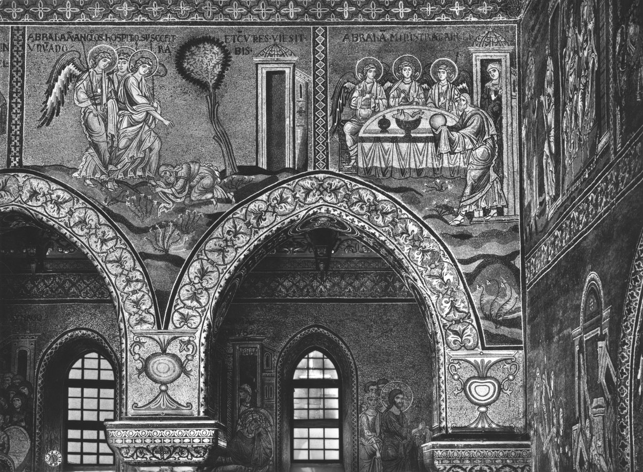 De tre englenes utseende for Abraham og Abrahams gjestfrihet, ca. 1182 (mosaikk) av Byzantine School